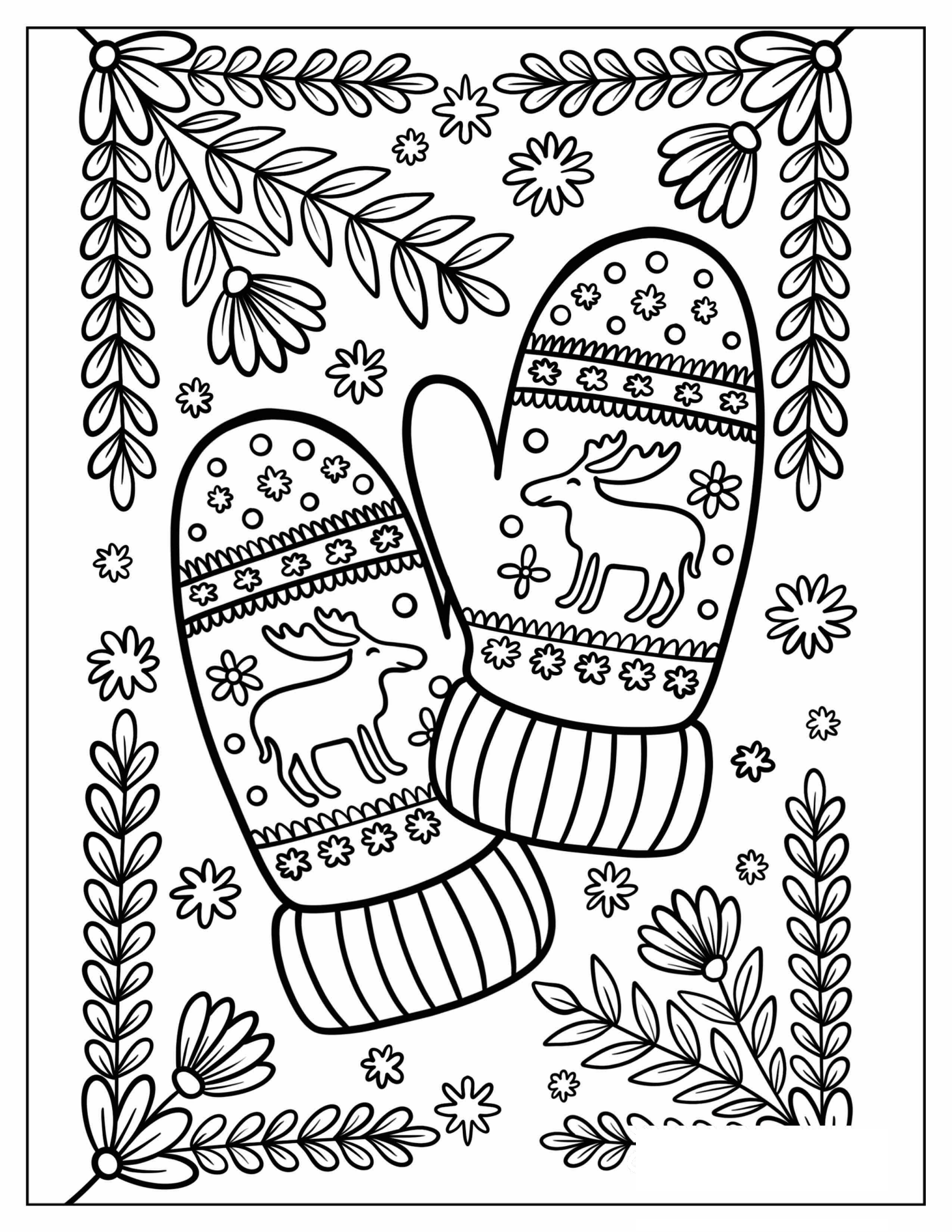 Mittens with Reindeer and Snowflake Design Coloring Page