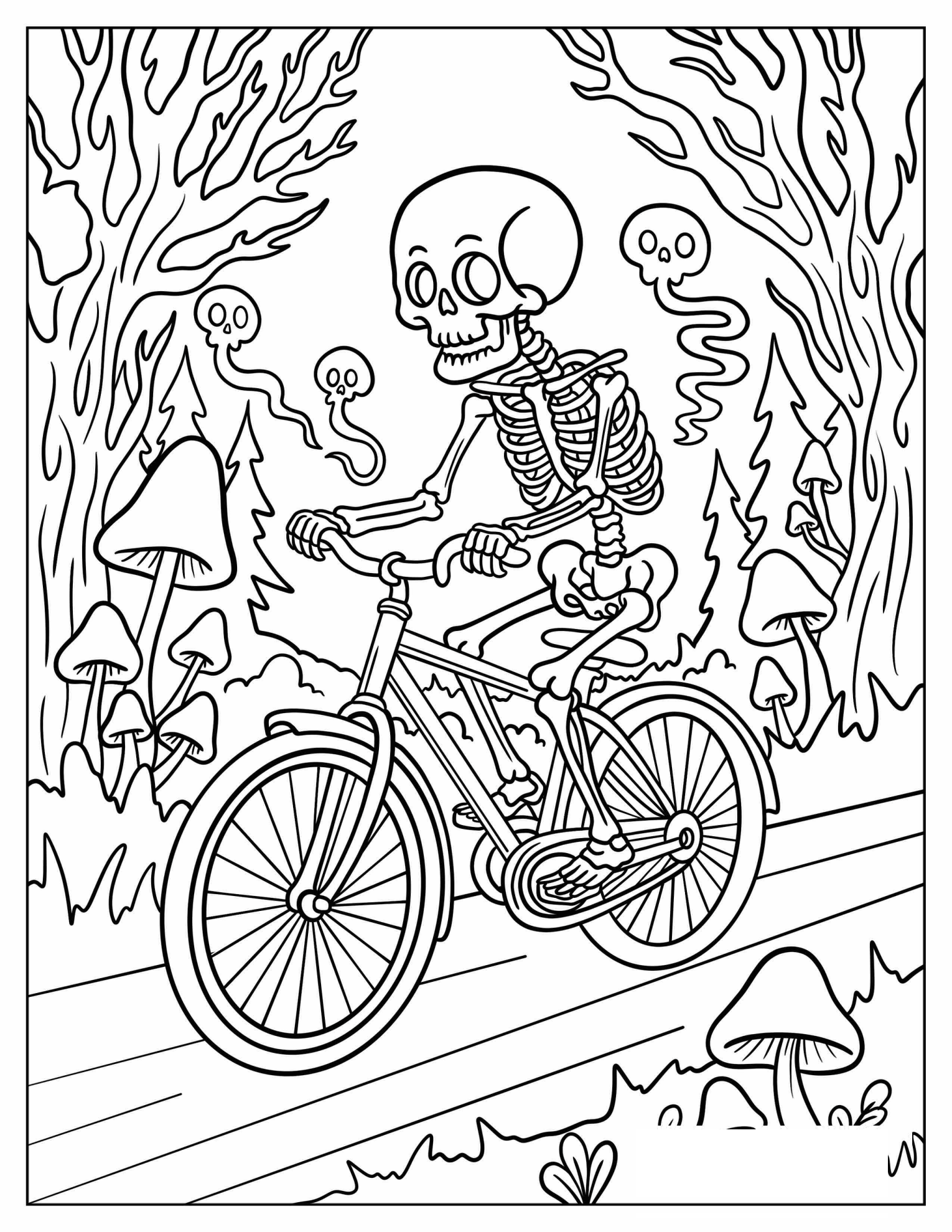 Skeleton Riding a Bicycle Through a Spooky Forest Coloring Sheet