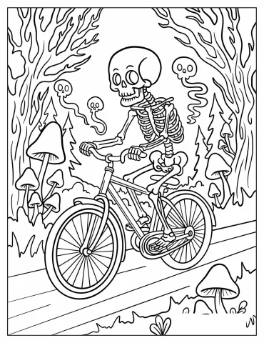 Skeleton Riding a Bicycle Through a Spooky Forest Coloring Sheet