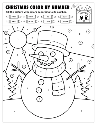 Snowman with Top Hat and Scarf Color by Number Coloring Page
