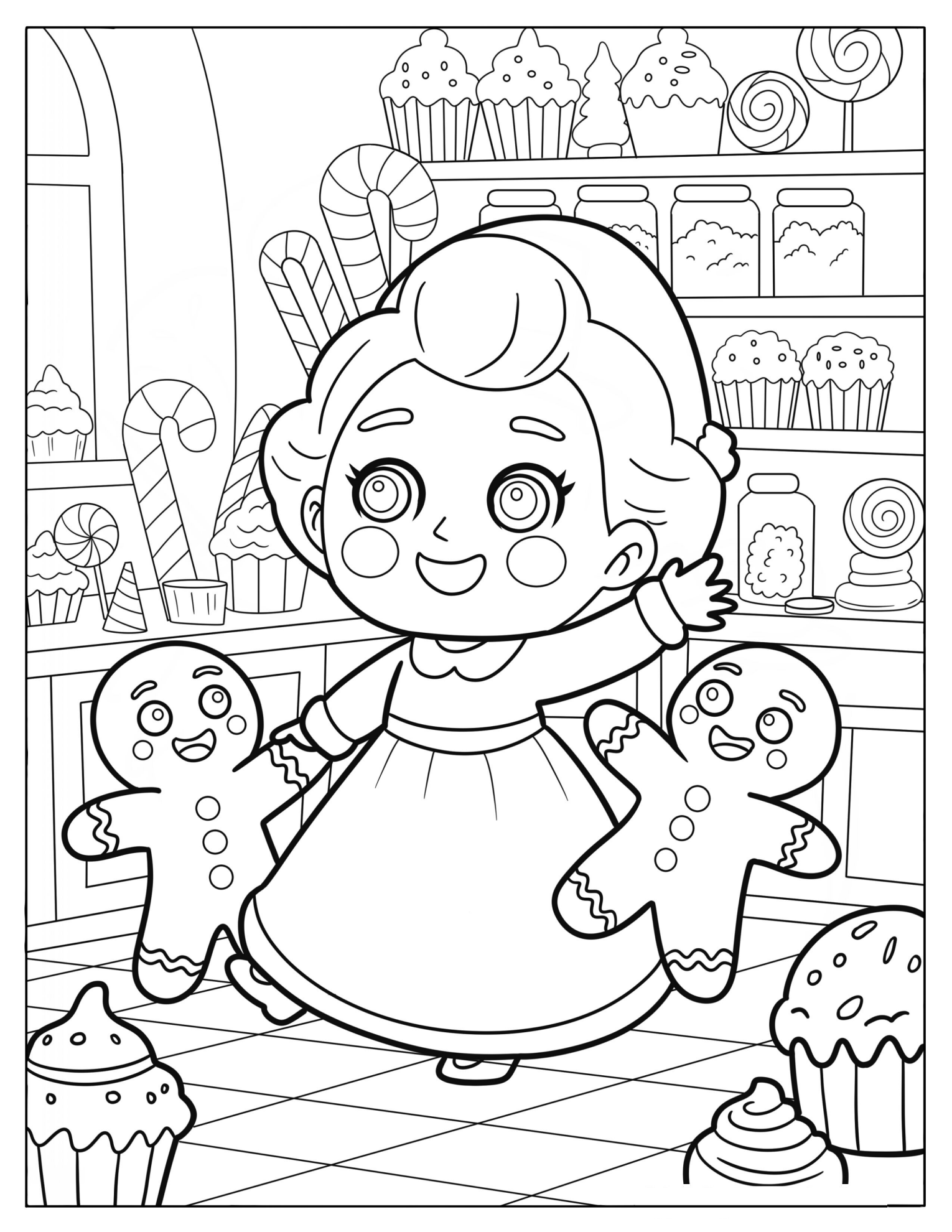 Adorable Mrs. Claus Dancing with Gingerbread Men Coloring Page for Kids