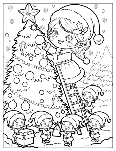 Chibi Mrs. Claus Decorating a Christmas Tree with the Help of Elves