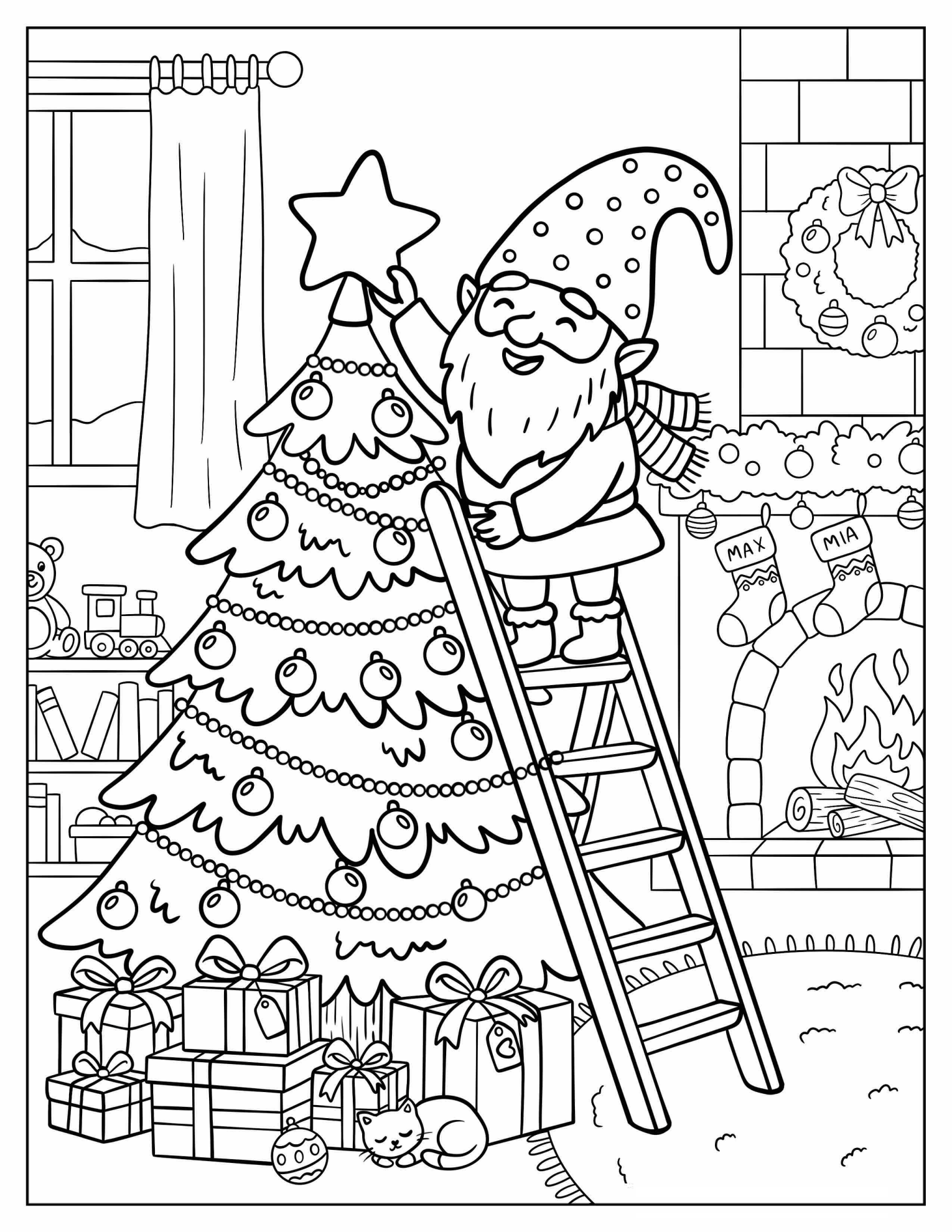 Gnome Decorating a Christmas Tree Coloring Sheet