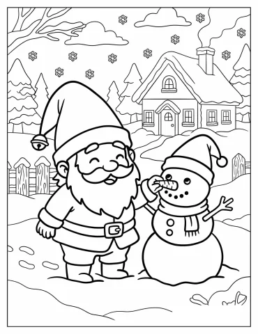 Christmas Gnome Making a Snowman Coloring Page for Kids