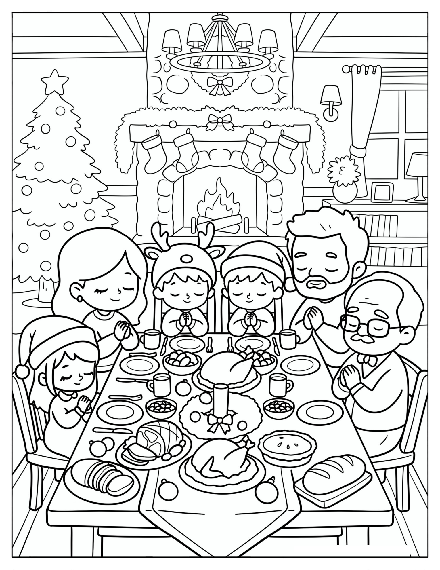 Christian Family Praying Over Dinner on Christmas Eve Coloring Page