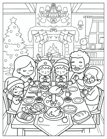 Christian Family Praying Over Dinner on Christmas Eve Coloring Page