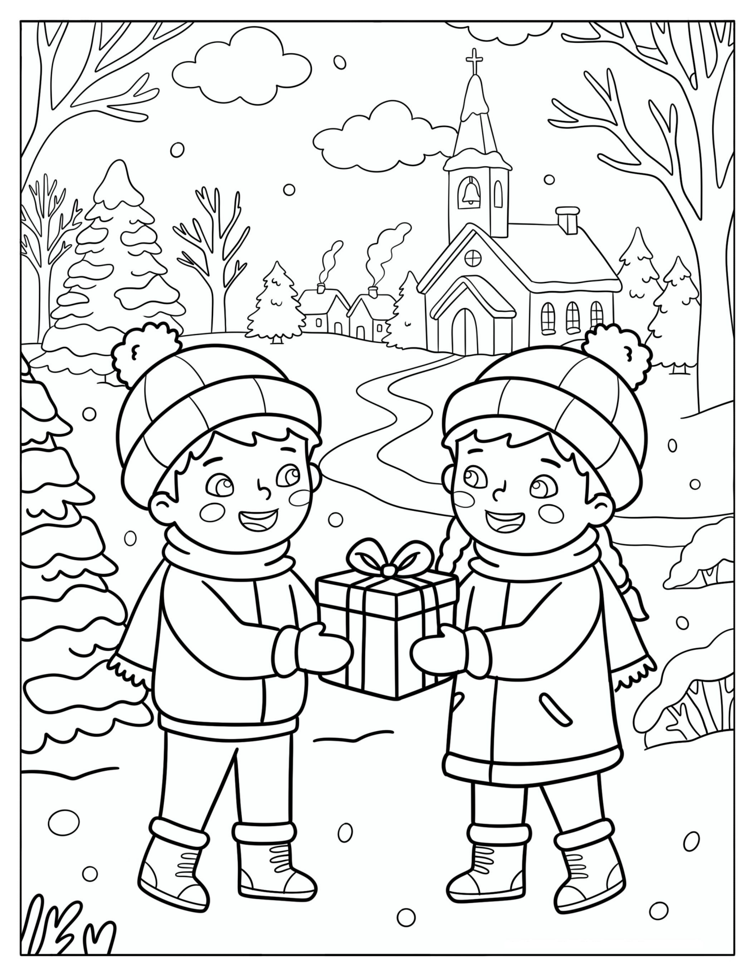 Boy Giving a Girl a Present on Christian Christmas Coloring Page for Kids