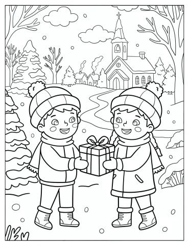 Boy Giving a Girl a Present on Christian Christmas Coloring Page for Kids