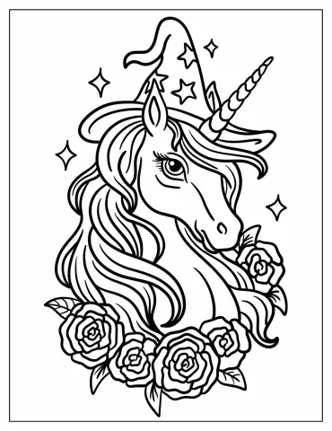 Unicorn Wearing A Starry Witch Hat Coloring Sheet