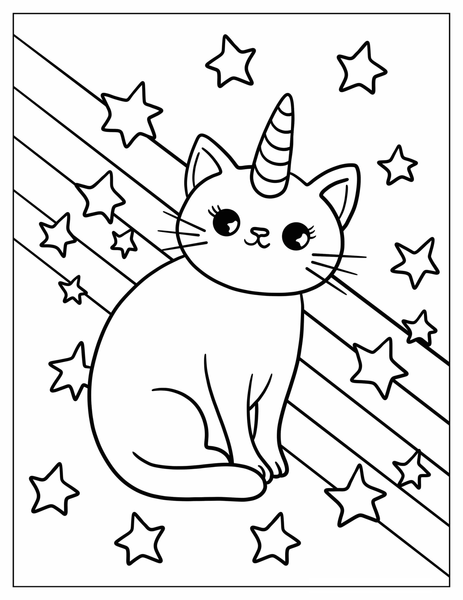 Unicorn Kitty With Starry Background Coloring Sheet For Preschoolers