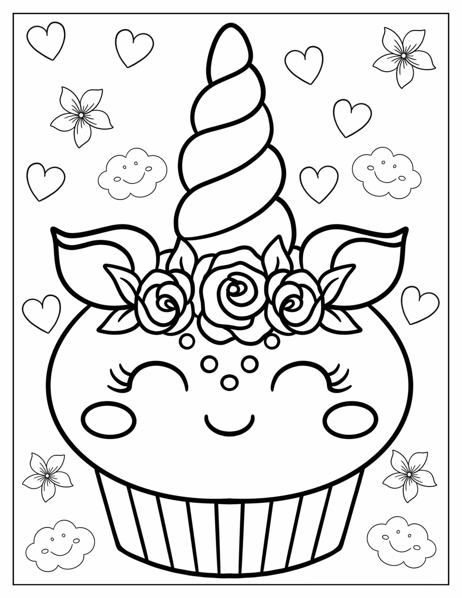 Kawaii Unicorn Cupcake With Flowers Coloring Page For Kids
