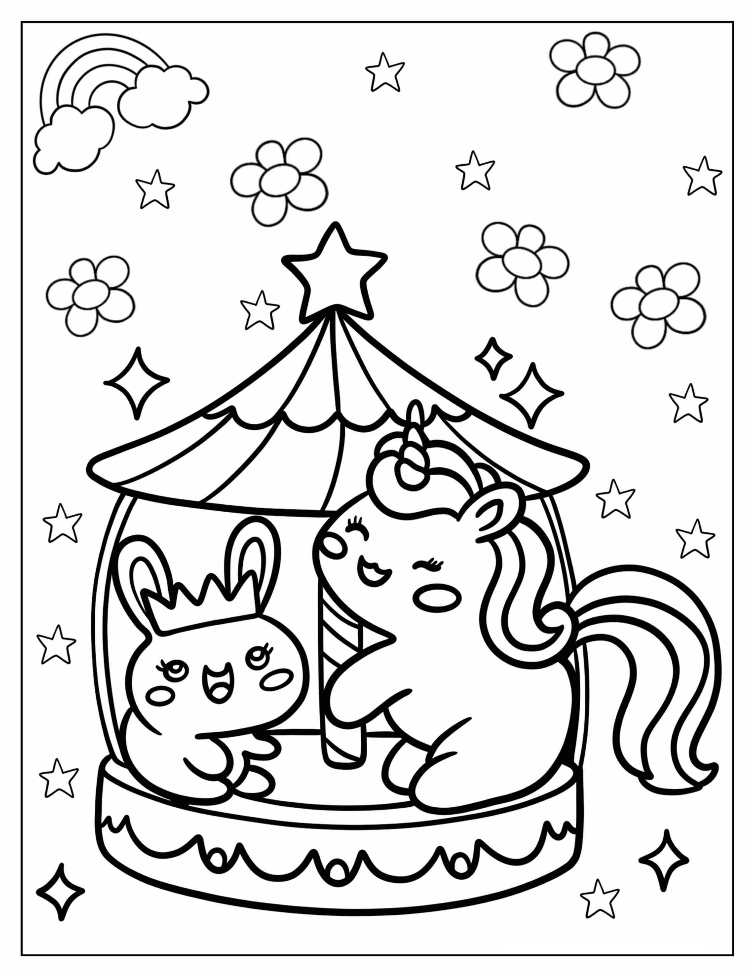 Chibi Unicorn And Rabbit In A Carousel Coloring Sheet For Kids