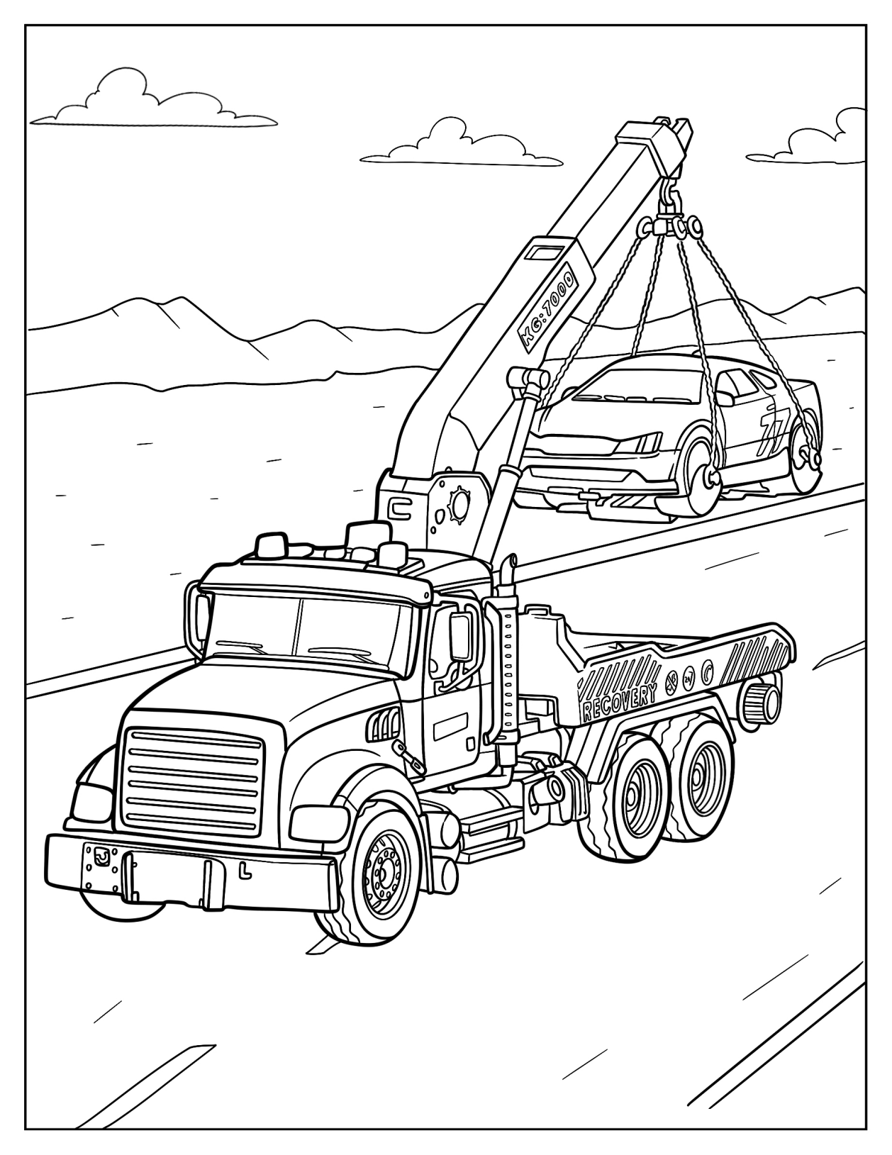 Wheel Lift Tow Truck With Car In The Air Coloring Page