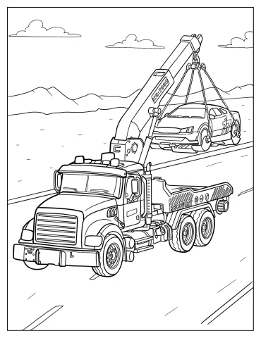 Wheel Lift Tow Truck With Car In The Air Coloring Page
