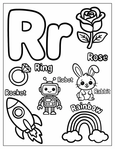 Letter R is for Rose, Rocket, Rabbit, Ring, and Rainbow