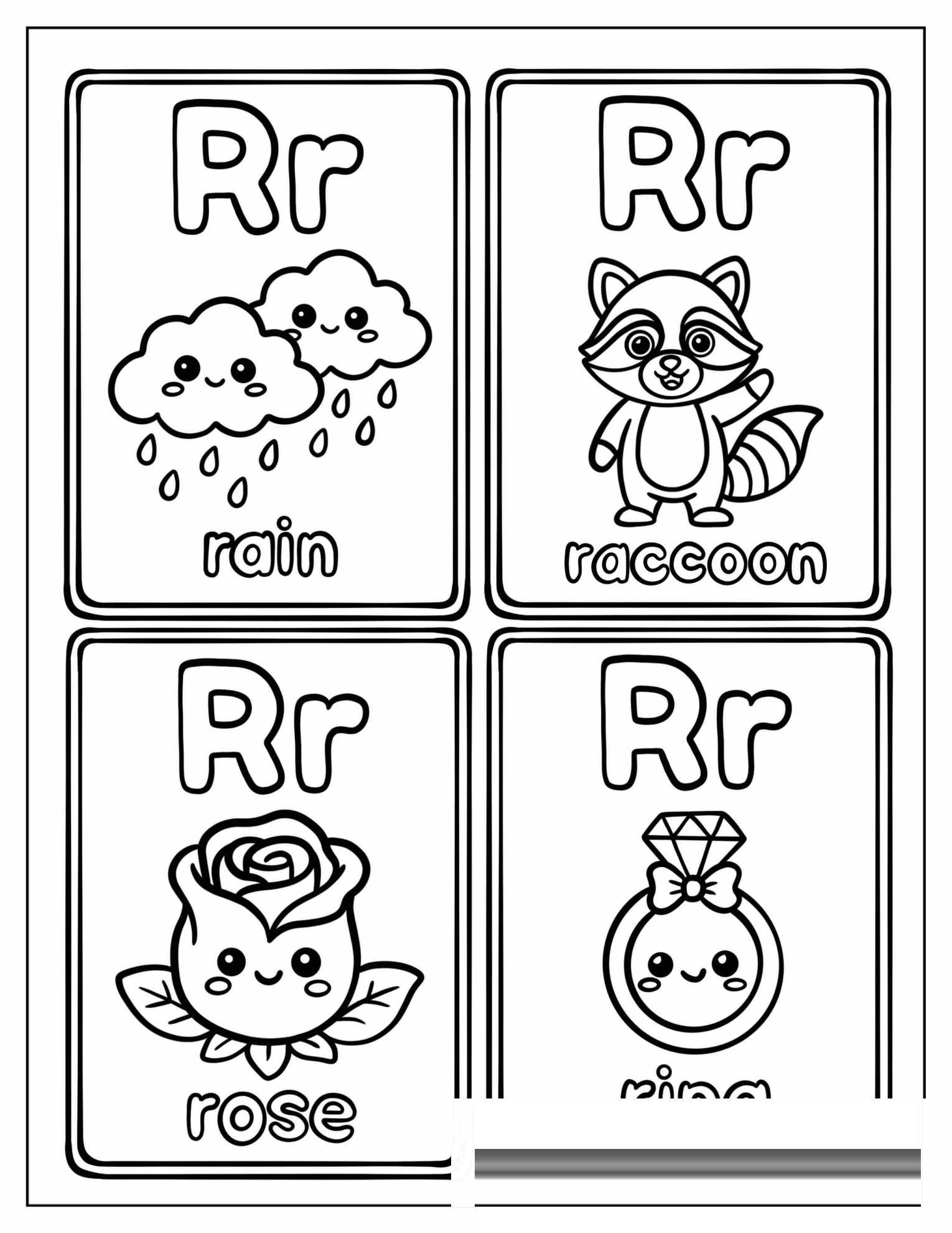 Letter R Cards with Rain, Raccoon, Rose, and Ring