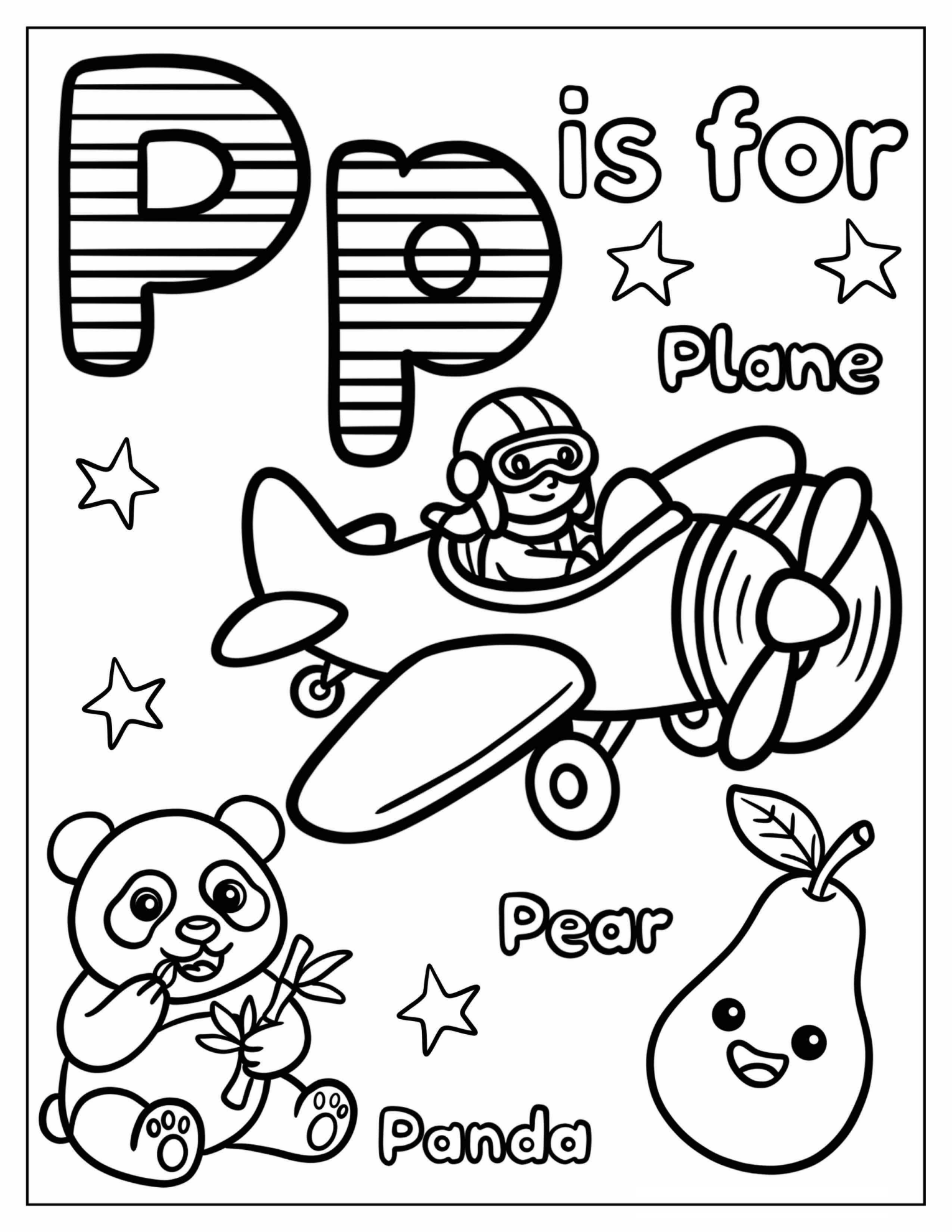 Letter P is for Plane, Panda, and Pear Coloring Page