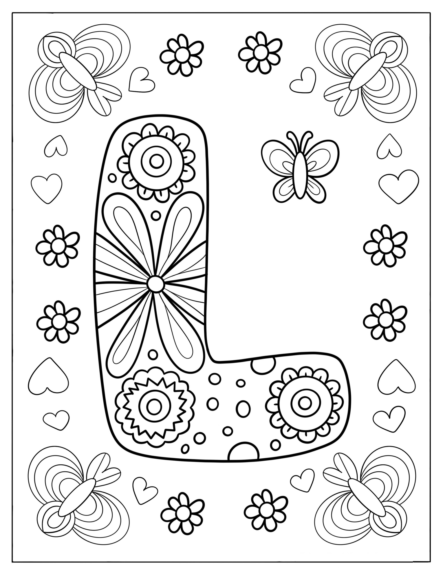 Hippie Letter L with Flowers and Butterflies Coloring Page