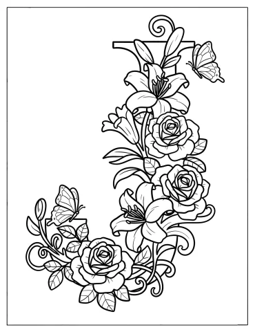 Elegant Letter J Covered in Flowers Coloring Sheet