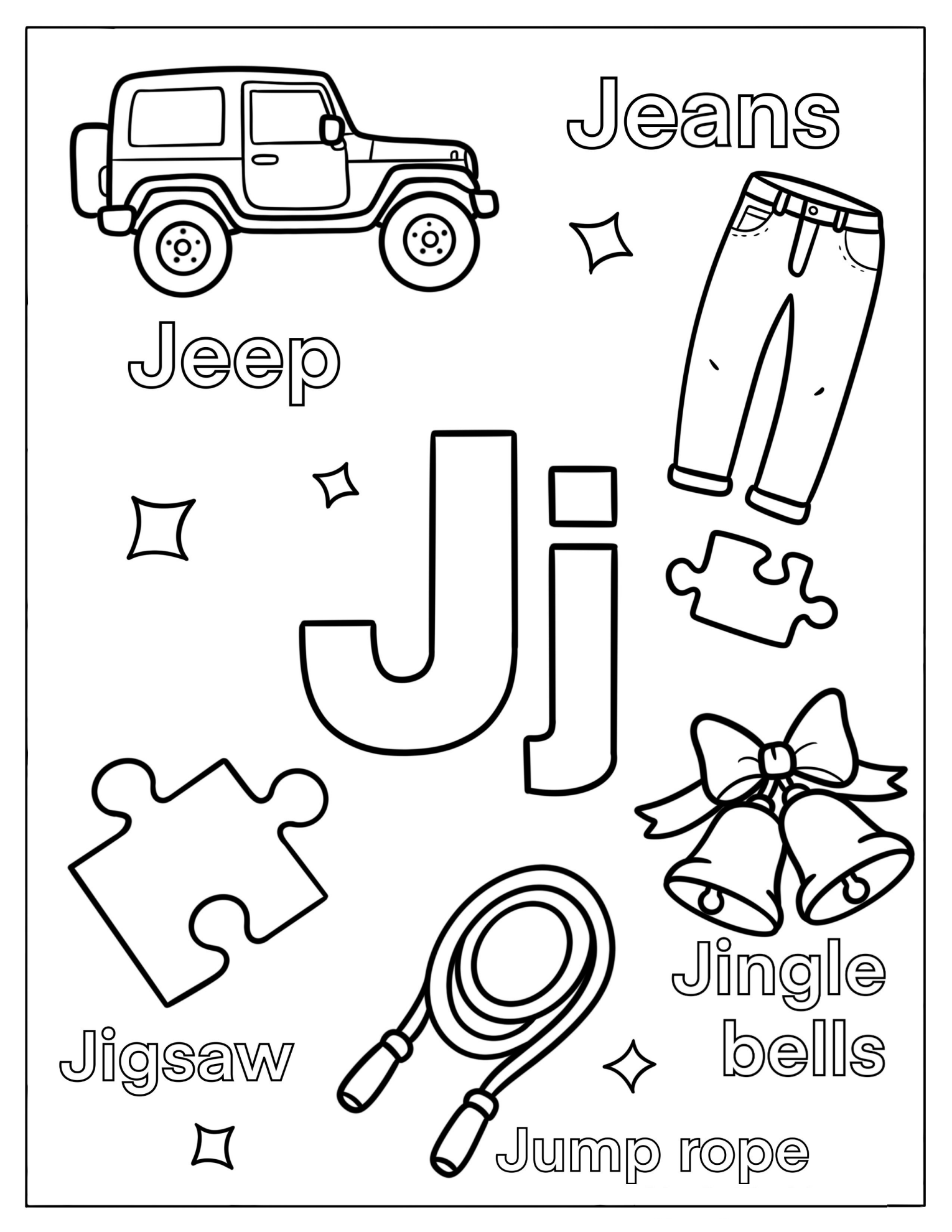 Letter J is for Jeans, Jeep, Jigsaw, Jump Rope, and Jingle Bells Coloring Page for Kids
