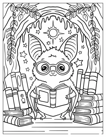 Nerdy Bat Reading a Book in a Cave at Night Coloring Sheet for Kids
