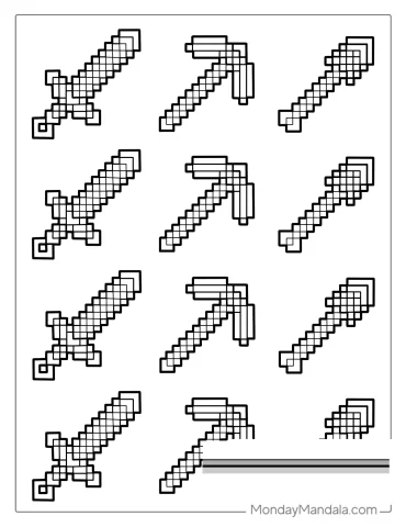 Minecraft Pickaxe, Sword, And Shovel Coloring Page