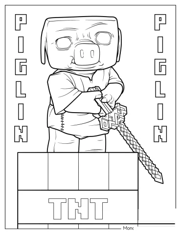 Piglin Holding Sword Standing On TNT Minecraft Movie Coloring Sheet