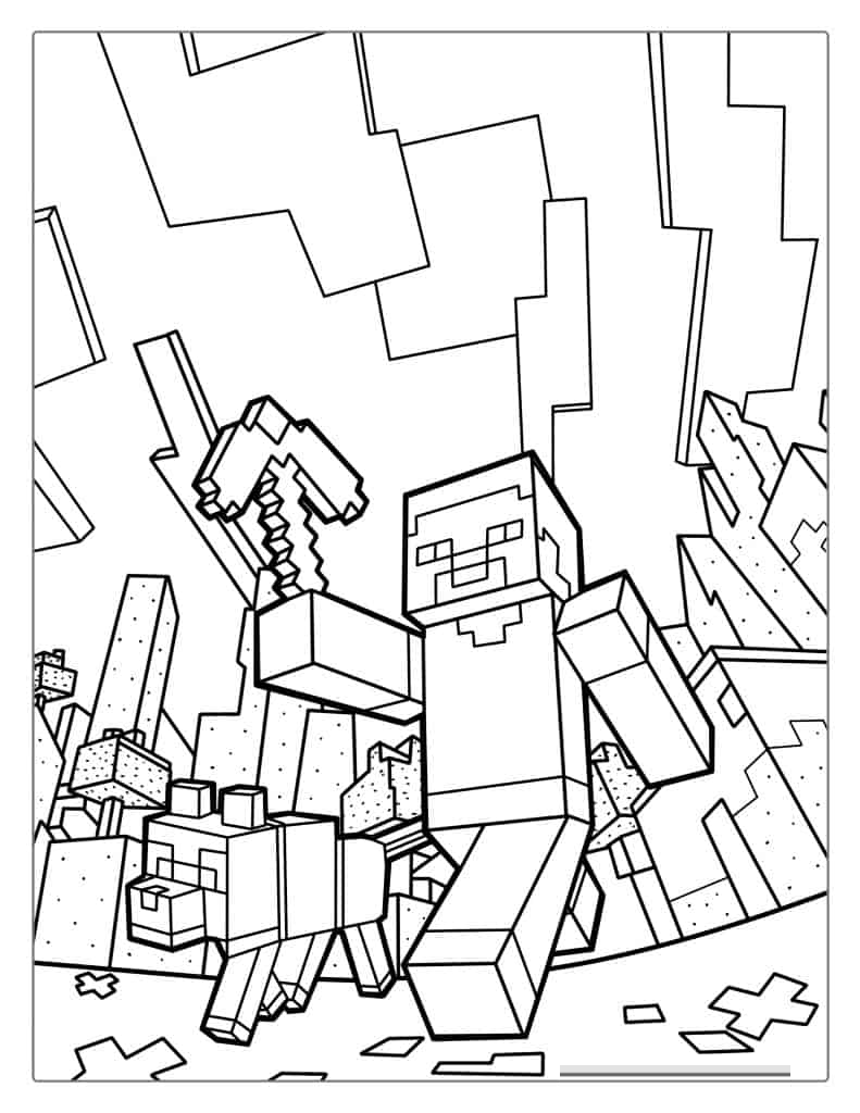 Minecraft Steve Holding Pickaxe Coloring