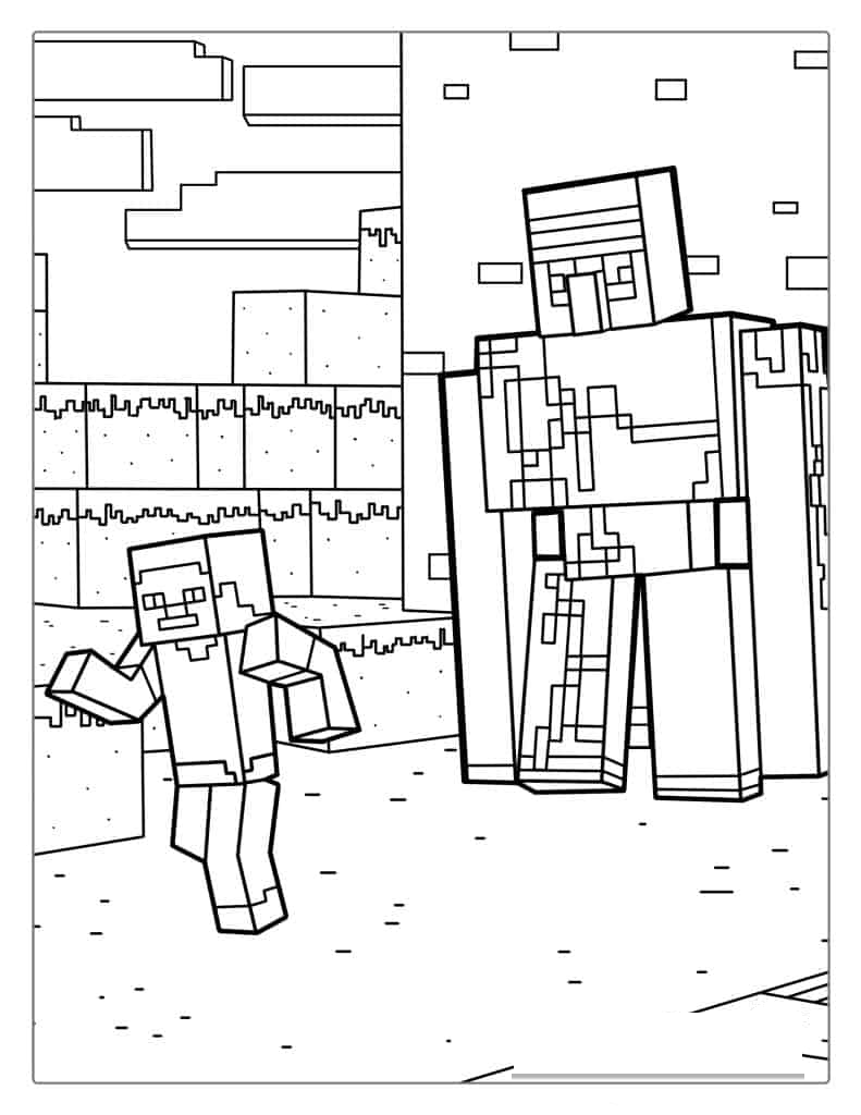 Iron Golem And Minecraft Steve Coloring Page