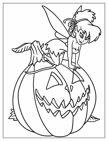 Tinker Bell Sitting On Jack O Lantern Coloring Page