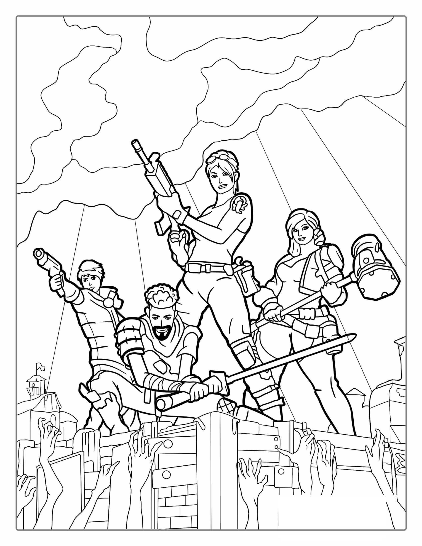 Fortnite Fighting Zombies Coloring Page
