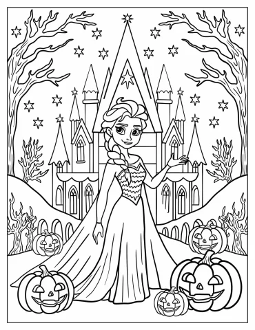 Elsa Outside Her Castle with Jack O Lanterns On Halloween Coloring Sheet