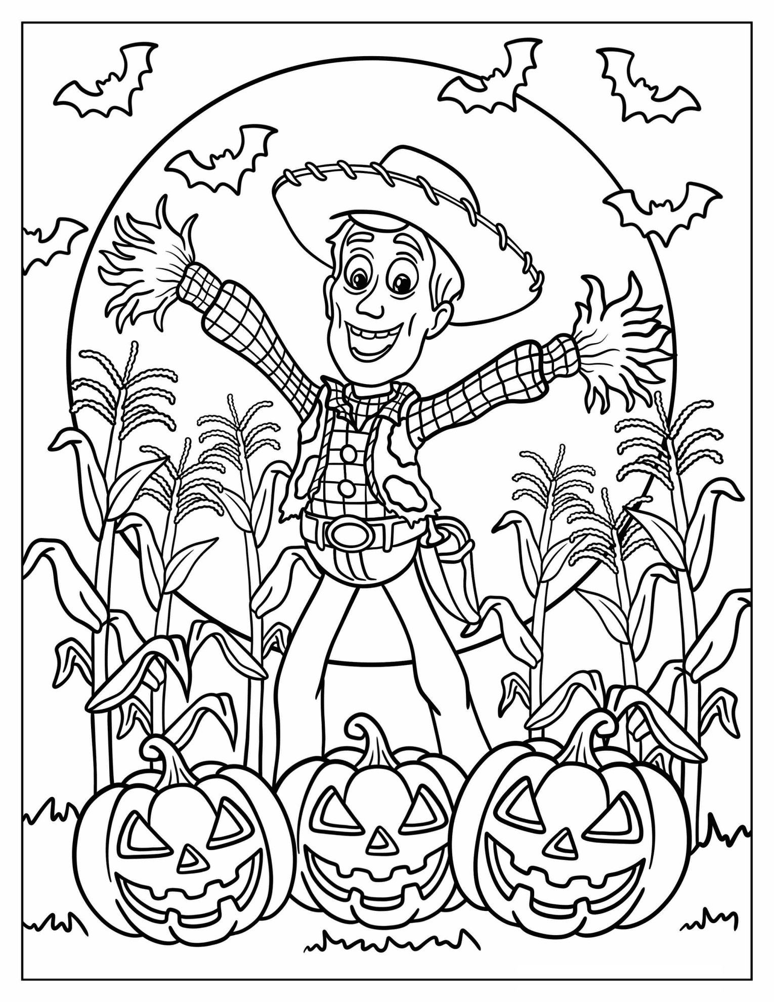 Disney Halloween Woody in Spooky Farm with Full Moon and Bats Coloring Page