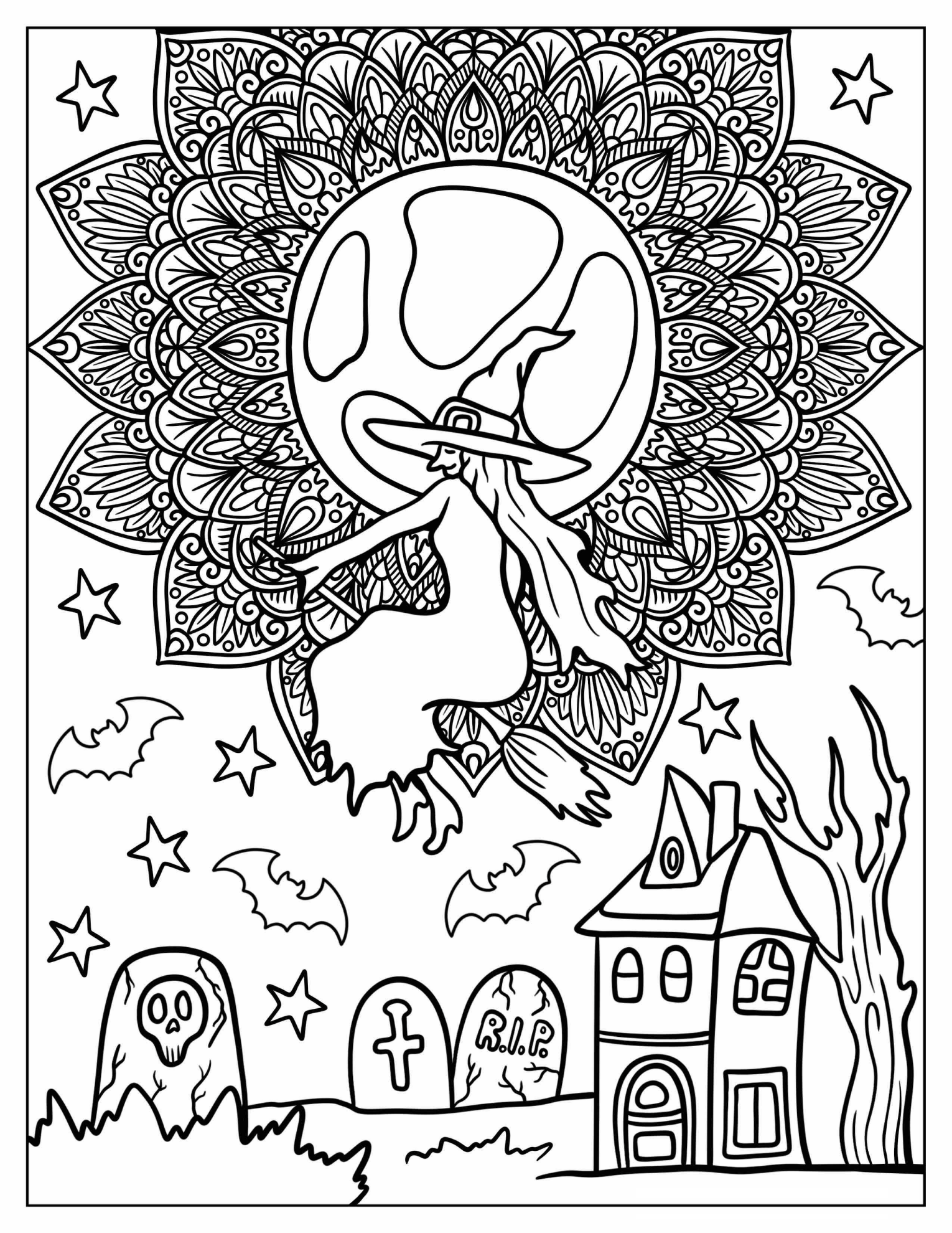 Witch Flying Over A Cemetery Halloween Mandala Coloring Sheet