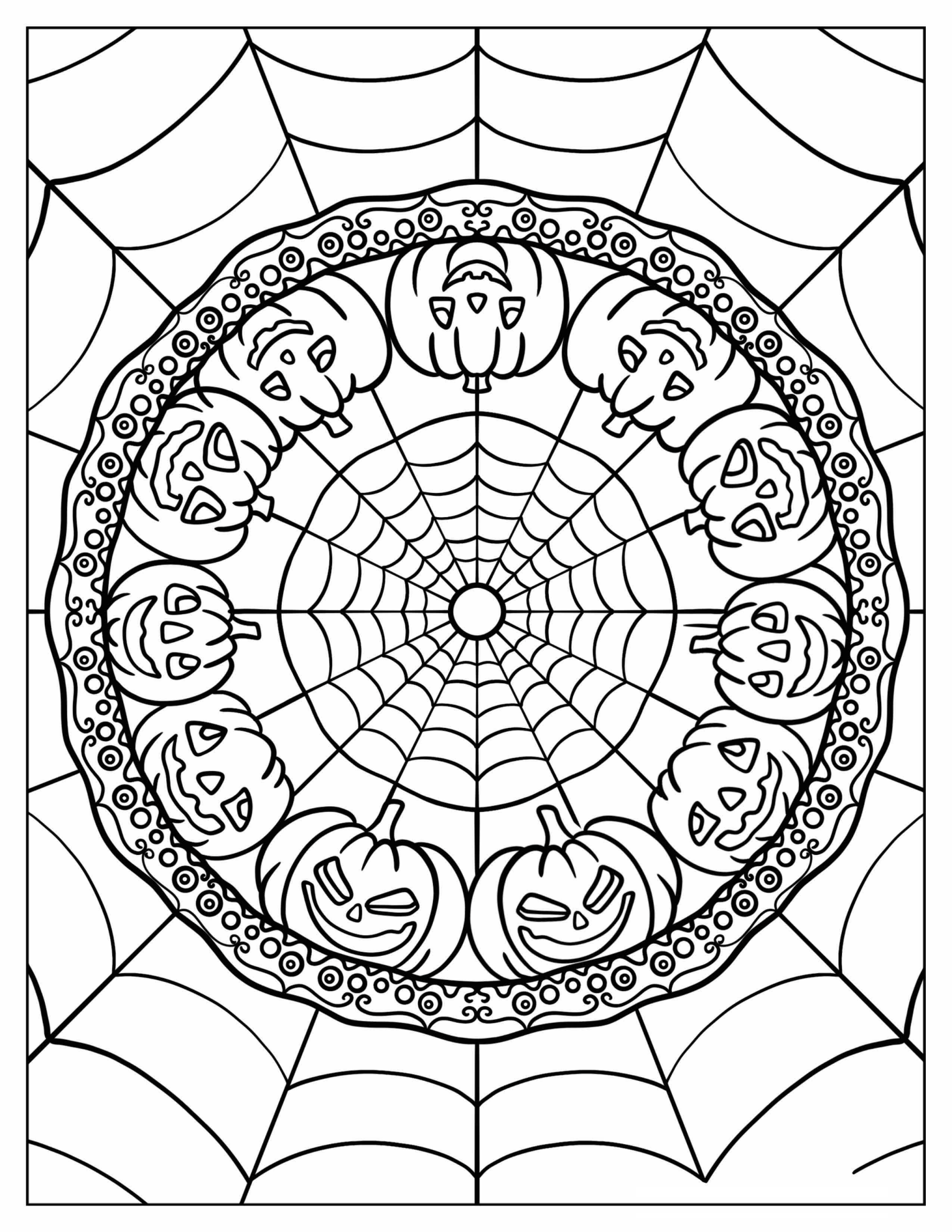 Easy Spider s Web And Jack O Lantern Mandala Coloring Page For Kids