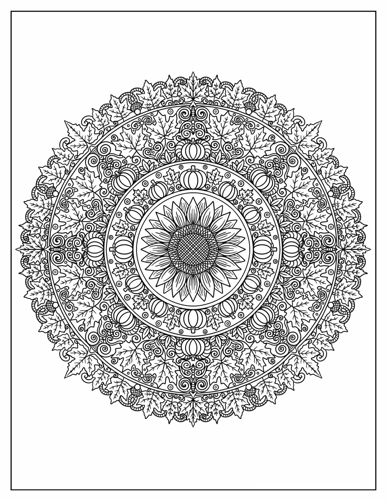 Sunflower and Pumpkin Halloween Mandala Coloring Page