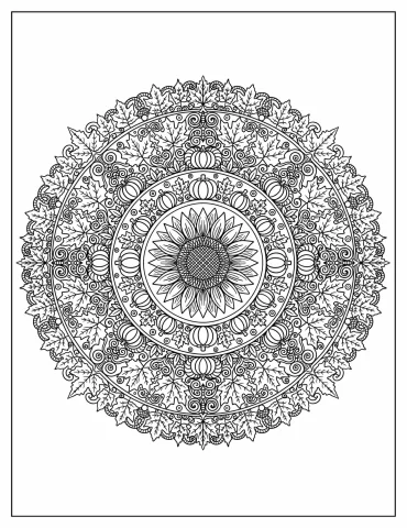 Sunflower and Pumpkin Halloween Mandala Coloring Page