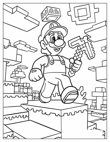 Luigi In Minecraft Holding A Pickaxe Coloring Page For Kids