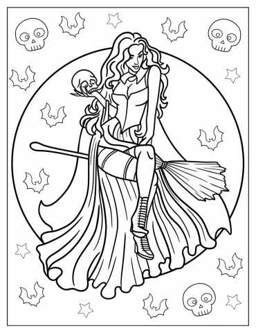 Hocus Pocus Sarah Sanderson On Broom Holding Skull Coloring Page