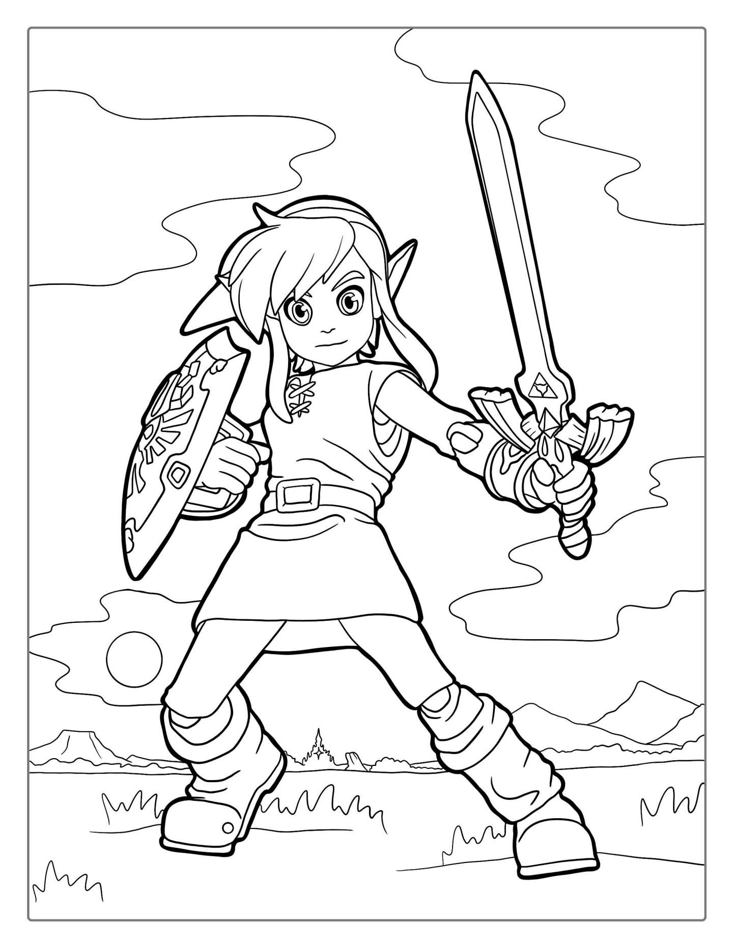 Link Holding Shield And Sword Coloring Page