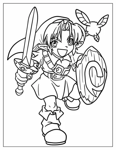 Kawaii Zelda Running With His Sword And Shield Coloring Page For Kids