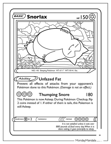 Snorlax Unfazed Fat Pokemon Card Coloring Page
