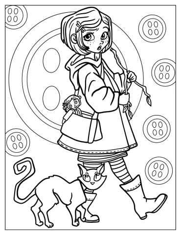 Coraline Walking With Cat And Doll Coraline