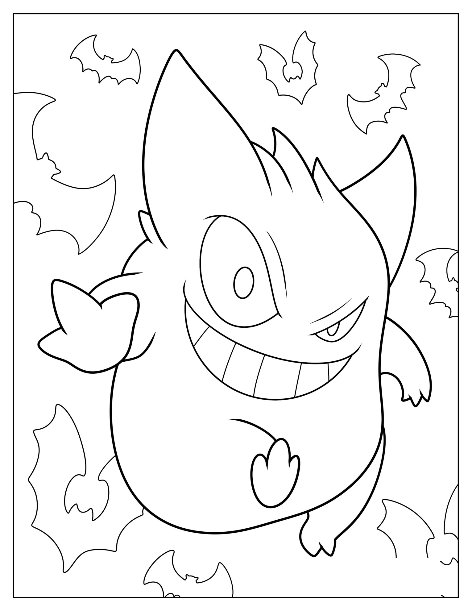 Creepy Gengar With Bats Halloween Coloring Page