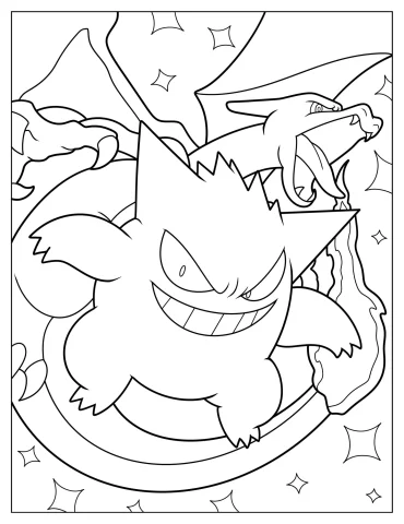 Gengar Fighting Alongside Charizard Coloring Sheet