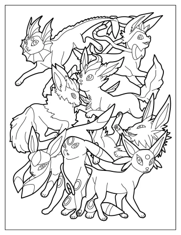 Umbreon With All Eevee Evolutions Coloring Page