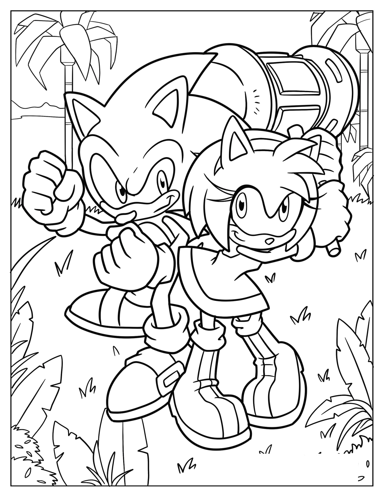 Detailed Amy Rose Fighting Alongside Sonic Coloring Page