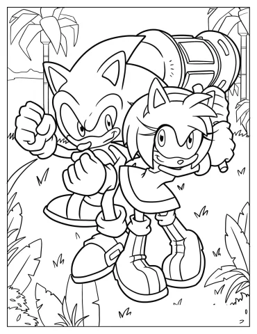 Detailed Amy Rose Fighting Alongside Sonic Coloring Page