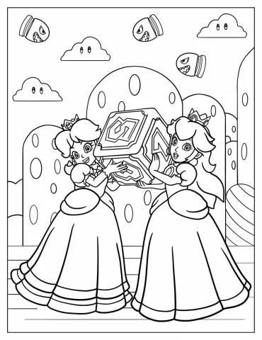 Princess Peach And Princess Daisy Carrying Block Coloring Sheet