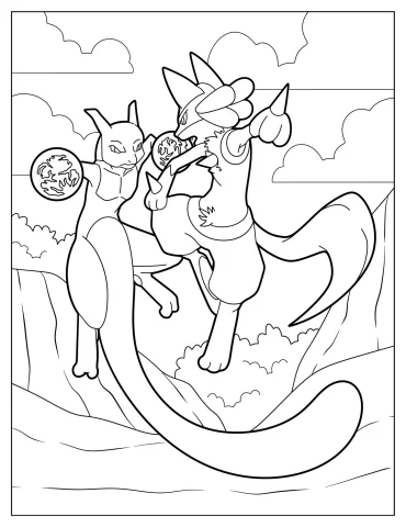 Lucario Fighting Mewtwo Coloring Sheet